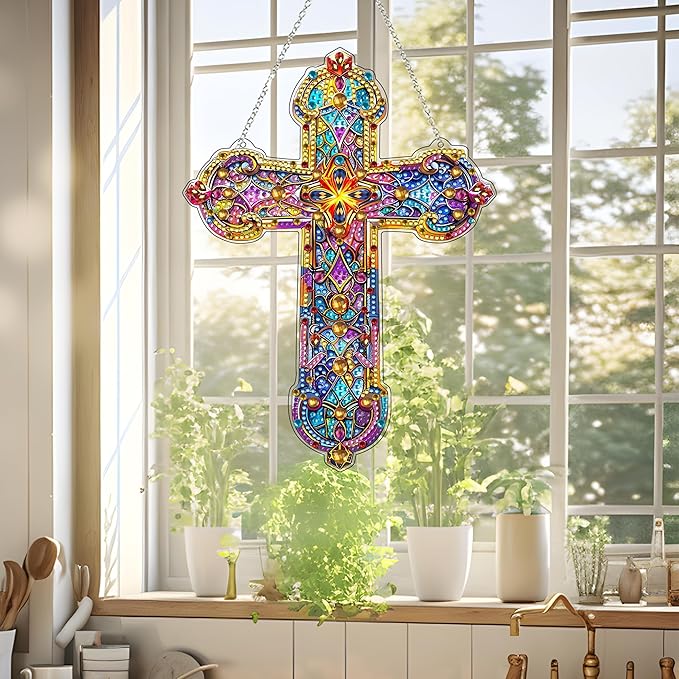 JJFox Diamond Cross Art Hanging Kit for Adult,Special Shaped Rhinestone,DIY Acrylic 5D Diamond Art Painting Window Pendants Home Garden Wall Hanging Kits Hanging Ornament,Double Sided