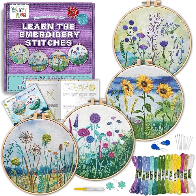 CRAFTILOO Embroidery Kit for Beginners Adults — 4 Floral Stamped Patterns, Learn 17 Stitches | Complete Needlepoint Kit with Hoop, Needles, Thread & Video Tutorial | Embroidery Kits for Adults Women
