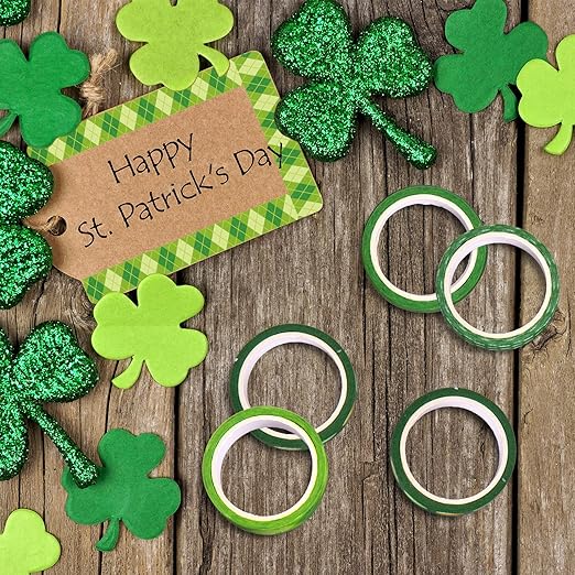 Whaline 12 Rolls St. Patrick's Day Washi Tape Green Shamrock Washi Masking Tapes 15mm Clover Plaids Lucky Holiday Paper Tape Sticker for Irish Party Scrapbook Gift Packing DIY Craft Decor, 16.4Ft