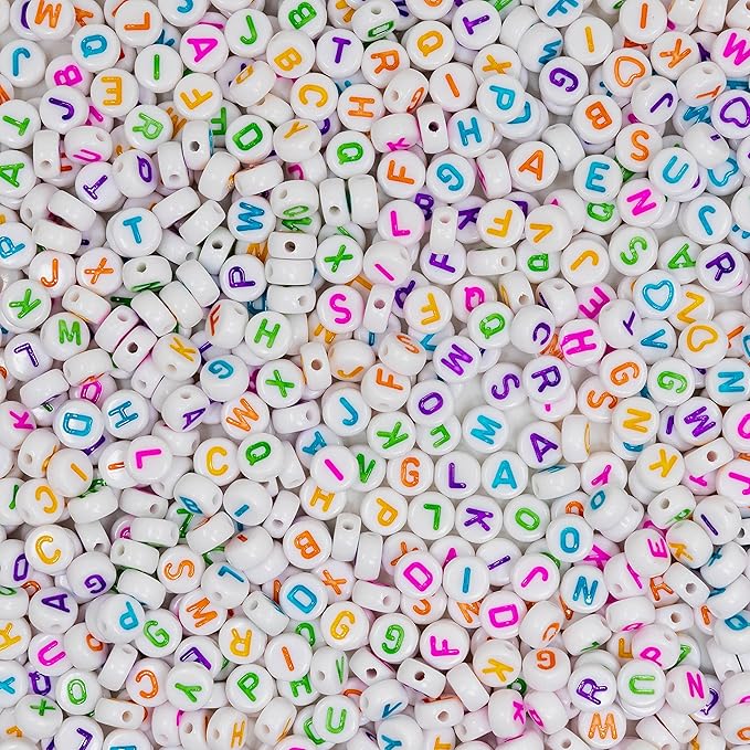 1450Pcs Acrylic 4x7mm Round Letter Beads Kits Alphabet A-Z (Extra for Vowel Letter) Colorful Heart and Star Beads for Bracelets Necklaces DIY Jewelry Making (White and Color)