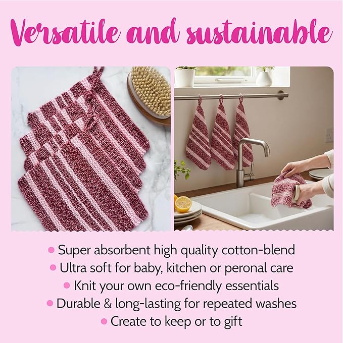 KnitPal Everyday Joy Knitting Kit – Make 4 Reusable Dishcloths for Confident Beginners – Cotton to The Core Yarn (#3 DK), Needles, Patterns & Video Tutorials (Cherry Red + Blush Pink)