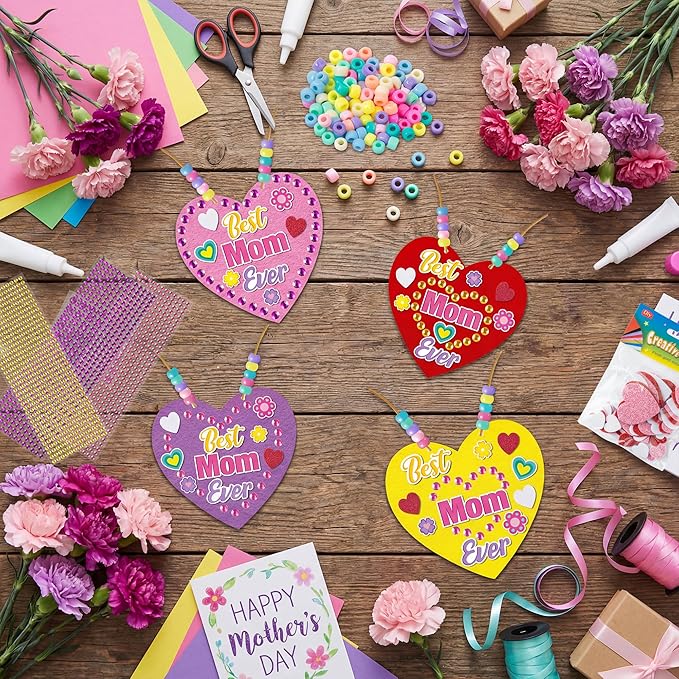 BeYumi Mom Necklace Craft Kit - 24Pcs Mother's Day DIY Foam Heart Best Mom Ever Necklace Making Kit With Gem Sticker DIY Thank You Craft for Kid Home School Classroom Family Party Favor Fun Activities