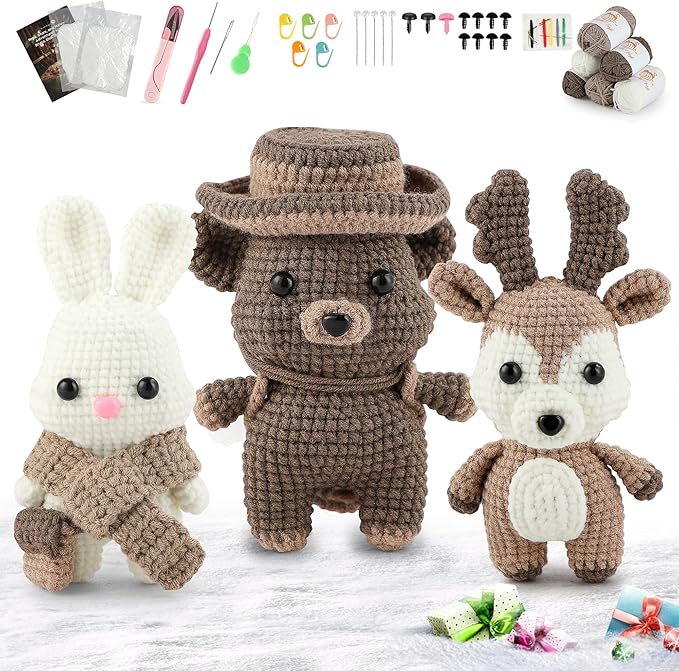 DoodleTwyst Amigurumi Crochet Kit – DIY Crochet Kit with Yarn & Tools – Fun Crochet Kits for Adults to Make Bear, Bunny & Reindeer Stuffed Animals
