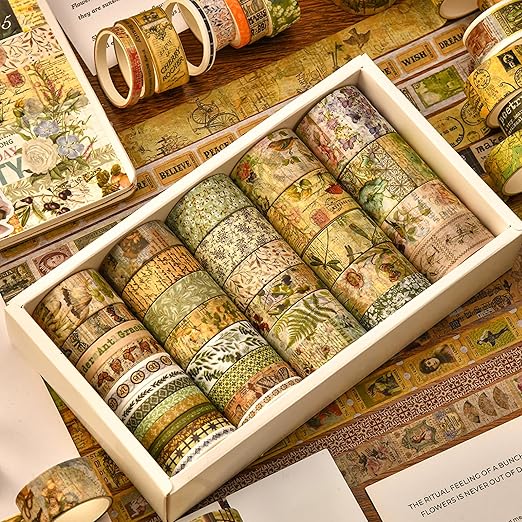 36 Rolls Vintage Washi Tape Pack Retro Arts Adhesive Tapes Wide Chronicle Decorative Masking Tape Sets for Craft, Kids, Scrapbook, DIY, Gift Wrapping (Forest Praise)