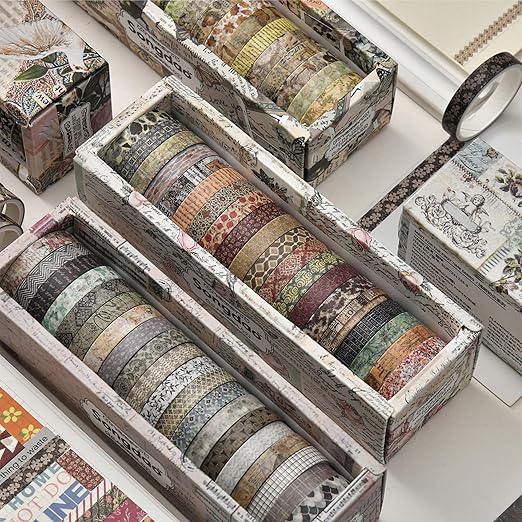 20 Rolls Skinny Vintage Washi Tape Set Retro Arts Adhesive Tapes Basic Patterns Decorative Masking Tape Sets for Craft, Kids, Scrapbook, DIY, Gift Wrapping (First Encounter)