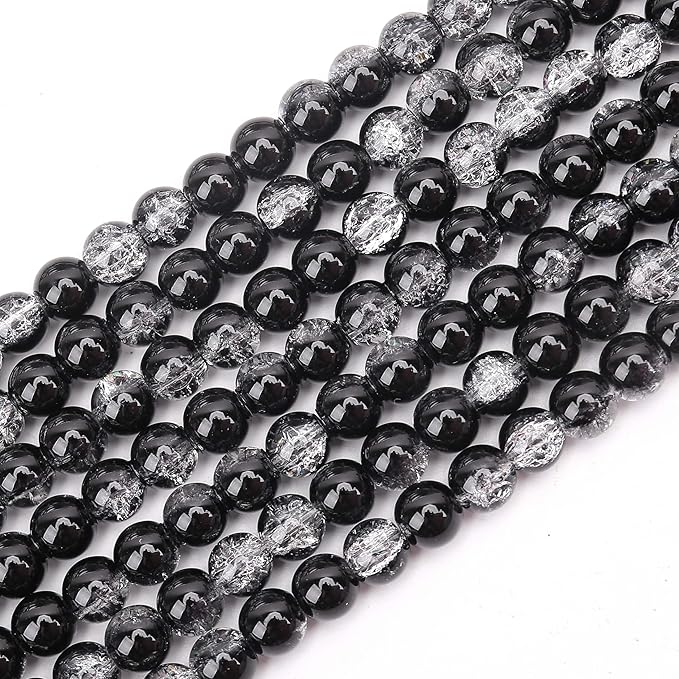200PCs 8mm Black Crackle Glass Beads Bulk, Round Smooth Hole Glass Crystal Beads for Jewelry Making, DIY Bracelets, Necklaces, Bag Charms, Keychains and Craft Projects