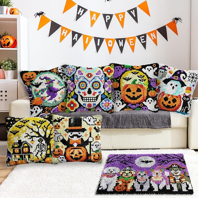 veirousa Halloween Pumpkin Gohst Latch Hook Kits for Adults Kids Beginners Skull DIY Latch Hook Rug Kit Pre-Printed Hook and Latch Carpet Making Kits Cross-Stitch Wall Hanging Crochet Set 20x15 Inch