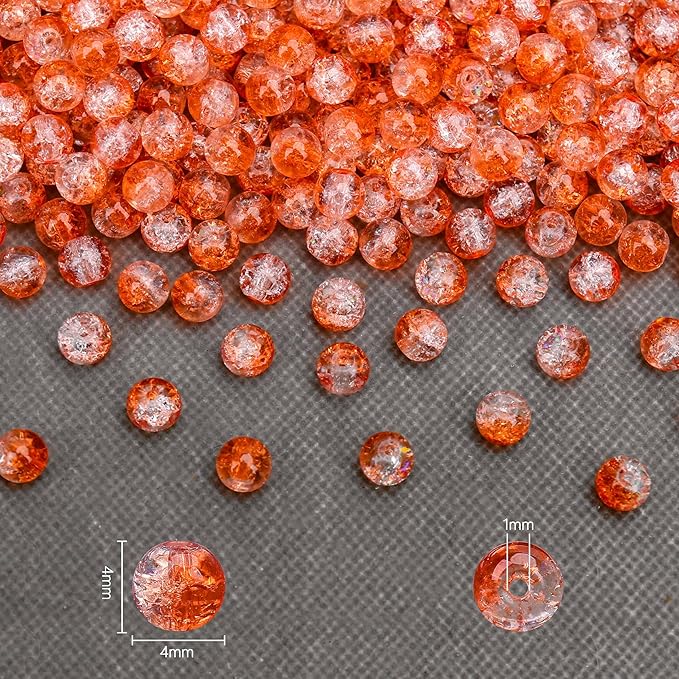 400PCs 4mm Orange Crackle Glass Beads Bulk, Round Smooth Hole Glass Crystal Beads for Jewelry Making, DIY Bracelets, Necklaces, Bag Charms, Keychains and Craft Projects