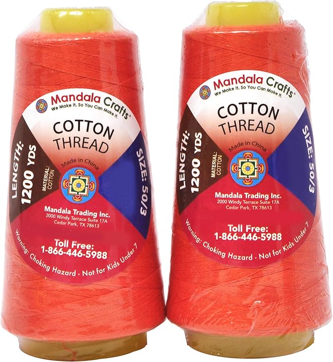 Mandala Crafts Orange Thread Cones for Machine and Hand Quilting - 2400 Yds 50 WT Multiple Purpose Mercerized 100% Cotton Threads for Sewing Machine Serger Embroidery