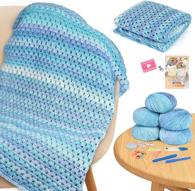 Aeelike Blanket Crochet Kit for Beginners, Super Easy Crochet Blanket Kit with Soft & Colorful Gradient Yarns Detailed Video Tutorials Crocheting Accessories, Aurora Blue Gradient & Ideal Gift