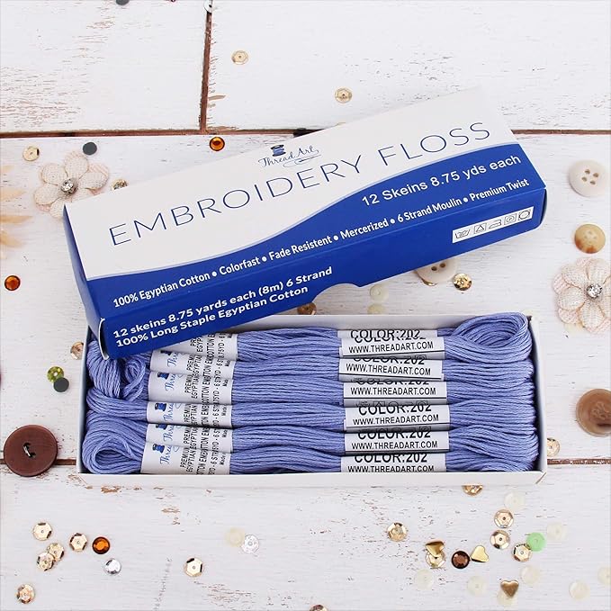12 Skeins ThreadArt Premium Egyptian Long Fiber Cotton Embroidery Floss | Light Blue | 6 Strand Divisible Thread 8.75yds Each for Hand Embroidery, Friendship Bracelets, Cross Stitch and Crafts