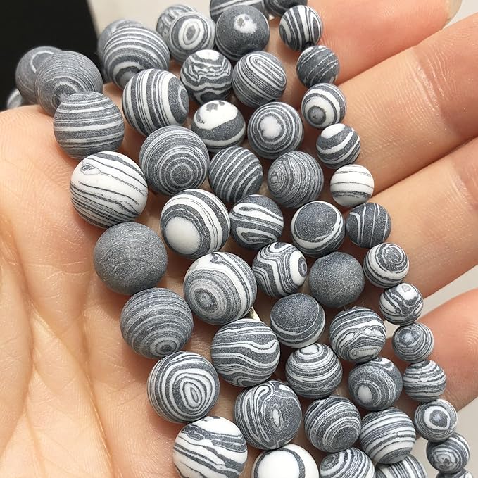 Stone Beads, 45pcs Matte Black and White Malachite, 8mm Round Loose Beads for Jewelry Making, Bracelets, with Bag, String & Card