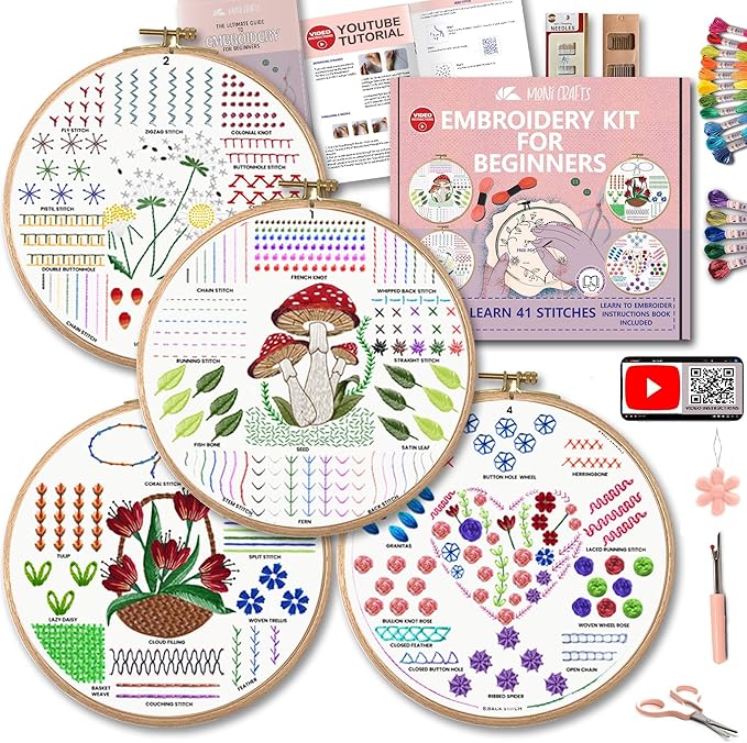 Moni Crafts Adult Beginner Embroidery Kit – 4 Pre-Printed Patterns (Flower, Mushroom, Floral, Heart) – Learn 41 Stitches, Hand Embroidery Starter Craft Set