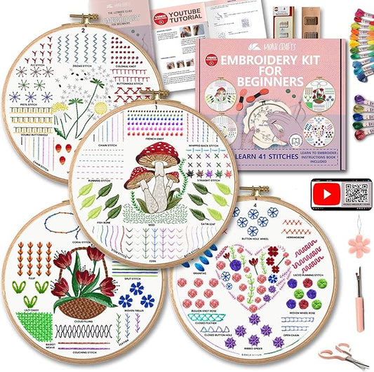 Moni Crafts Adult Beginner Embroidery Kit – 4 Pre-Printed Patterns (Flower, Mushroom, Floral, Heart) – Learn 41 Stitches, Hand Embroidery Starter Craft Set