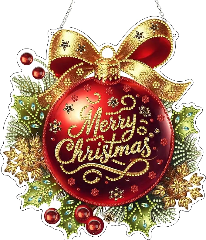 DIY Diamond Art Painting Wreath Kits，Special Shaped Rhinestone Hanging Ornament Diamond Art Window Pendants for Gift Home Garden Wall Hanging Kits,Double Sided (Merry Christmas)