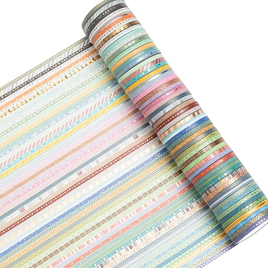 YUBBAEX 60 Rolls Skinny Washi Tape Set Gold Foil Masking Thin Basic Patterns Decorative Tapes for Arts, DIY Crafts, Journals, Planners, Scrapbook, Wrapping