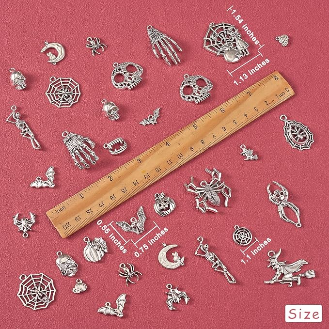 WEWAYSMILE 80Pcs Halloween Charm Pendant Antique Silver Bat, Spider Witch, Skull Mixed BulK Halloween Charm for Jewelry Making DIY Necklace Bracelet Earring Accessories