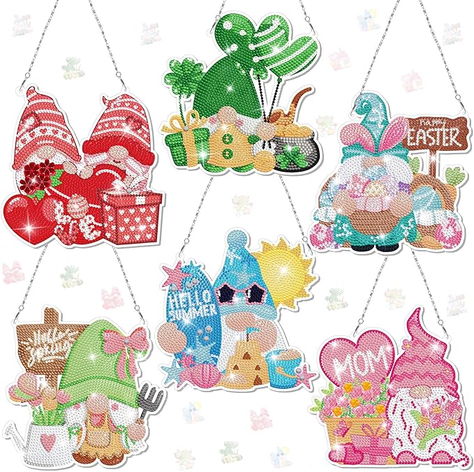 Chitidr 6 Pcs Diamond Painting Seasonal Gnomes Set Diamond Art Gnome Hanging Signs 5D DIY Crystal Gnome Paint Arts Ornaments for Valentines St. Patrick's Day Easter Holiday Decor