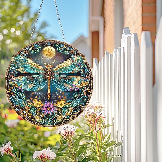 Wergund 5D DIY Dragonfly Diamond Art Hanging Kits, Hanging Diamond Art Animal, Acrylic Special Shaped Rhinestone, Window Hanging Pendants for Home Wall Garden Front Door Outdoor Decor Gift(Dragonfly)