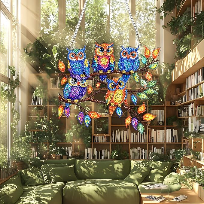 Lxmsja DIY Colorful Owls Diamond Painting Hanging Ornament, Double-Sided Acrylic Tree Branch Diamond Art Kit, Special Shaped Suncatcher Hanging Pendant Window Art Kit 7x8 inch