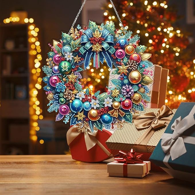 JJFox Diamond Art Hanging Kit for Adult,Special Shaped Rhinestone,Double Sided 5D DIY Acrylic Diamond Art Painting Window Pendants Home Garden Wall Hanging Kits Hanging Ornament (Christmas Wreath)