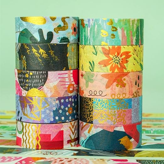 YUBBAEX 10 Rolls Geometric Washi Tape Set Gold Foil Masking Modern Arts Decorative Tapes for Arts, DIY Crafts, Journals, Planners, Scrapbook, Wrapping