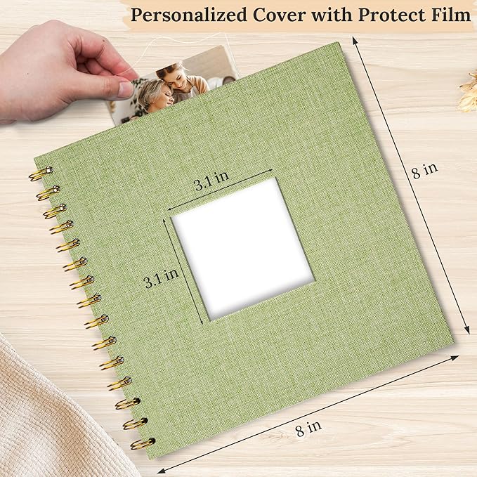 Scrapbook Photo Album Linen Cover, 8 x 8 Inch Hardcover Kraft White Pages Memory Book, for Travel Wedding Guest Book Christmas Baby Shower (20 Sheets/ 40 Pages,Grassgreen)