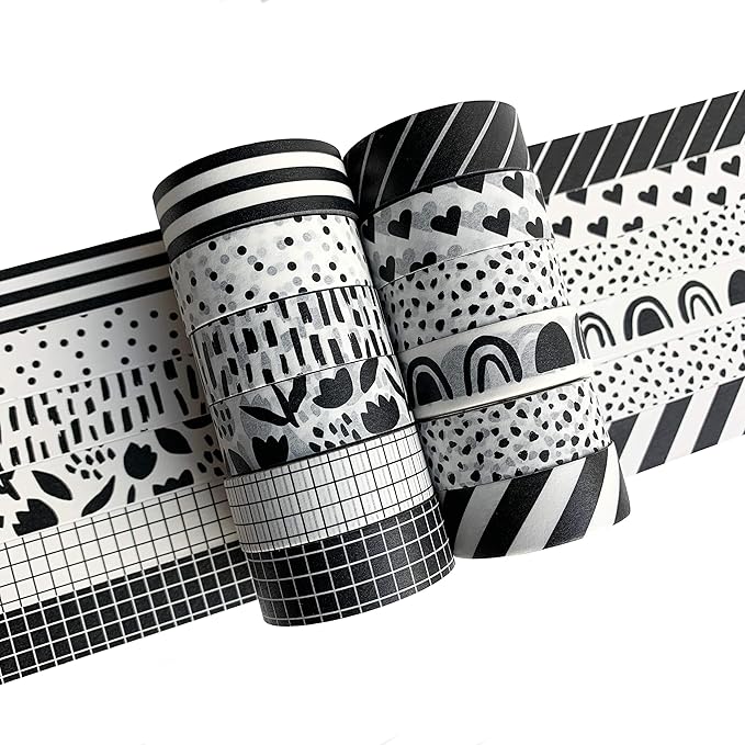 zynshe washi tape set of 12 rolls of 15 mm wide cute decorative washi tape for journaling, scrapbook, washy crafts, bullet journals, planners, diy décor, gift wrapping, craft supplies (black white)