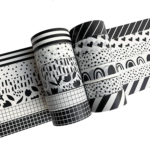 Washi Tape Set of 12 Rolls of 15 mm Wide Cute Decorative Washi Tape for Journaling, Scrapbook, Washy Crafts, Bullet Journals, Planners, DIY Décor, Craft Supplies For Adults & Kids (Black and White)