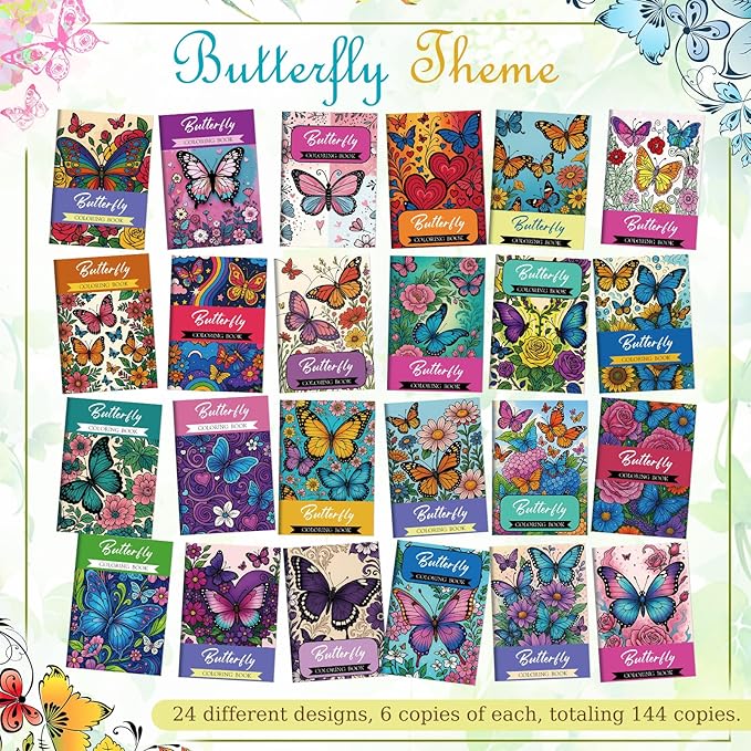 Liliful 144 Pcs Butterfly-Themed Coloring Book Bulk for Adults Mini Butterfly Theme Drawing Book with Garden Flower Insect Patterns Party Favors Goodie Bag Filler and Holiday Gifts