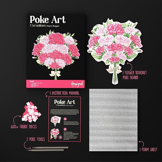 Unwynd Poke Art Carnations Flower Bouquet, Mess-Free Arts and Crafts for Adults, Teen Craft Kits, Thoughtful Gifts for Women and Men