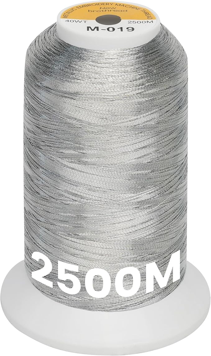 New brothread Single Huge Spool Metallic Embroidery Machine Thread 2500M (2735Y) Each for Commercial and Domestic Embroidery Machines - Silver M-019