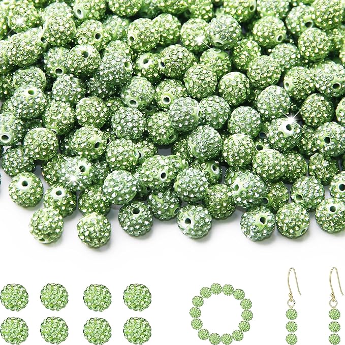 200 Pcs 10mm Rhinestone Beads for Jewelry Making, Light Green Shiny Round Shamballa Disco Baseball Necklace Beads Sparkle Crystal Clay Pave Rhinestones Bead for DIY Bracelet Earring Making Supplies