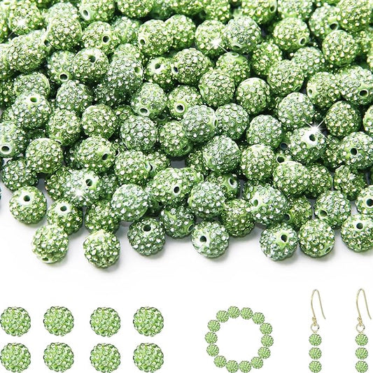 200 Pcs 10mm Rhinestone Beads for Jewelry Making, Light Green Shiny Round Shamballa Disco Baseball Necklace Beads Sparkle Crystal Clay Pave Rhinestones Bead for DIY Bracelet Earring Making Supplies