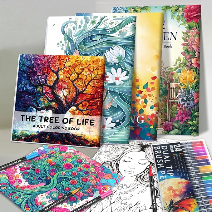 Adult Coloring Book for Women Relaxation, Mindfulness Coloring Book with 24 Dual Tip Markers, Stress Relief Gifts for Women with 128 Patterns Include Tree Garden Zen Meditation Style (4 Pack)