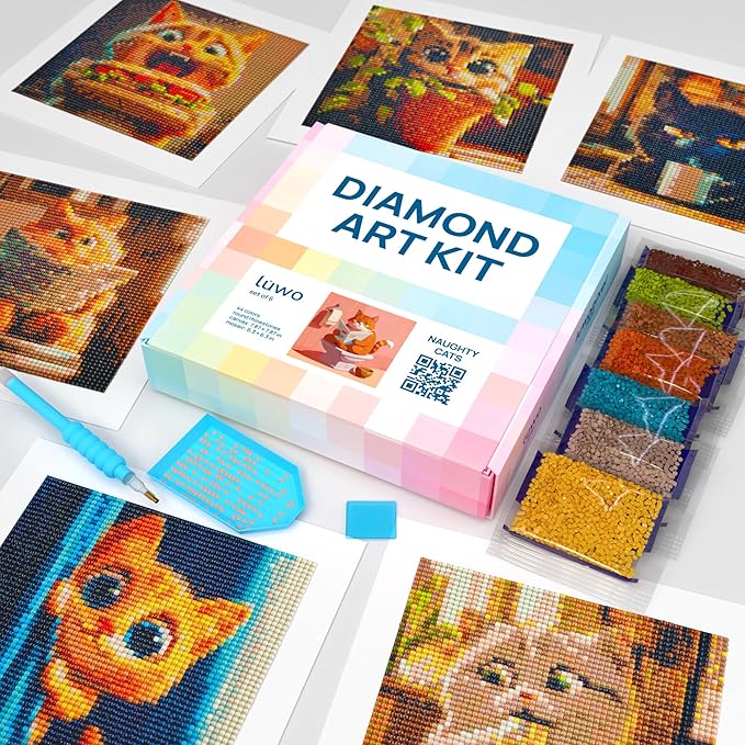 LuwoArte 6 Pack Diamond Painting Kits for Adults – Naughty Cats-Themed Diamond Art Kits–DIY Full Drill Paint Gem Art for Adults – Brilliant 5D Diamond Painting Kit – Relaxing Craft for Home Wall Décor