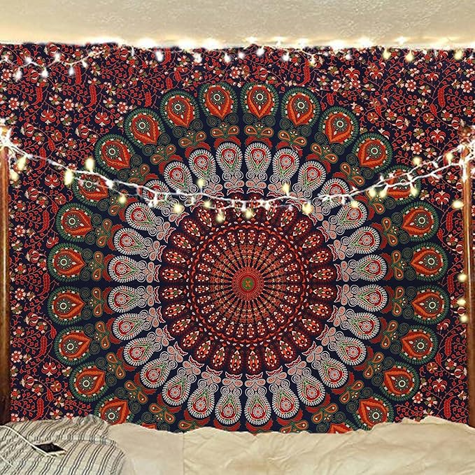 bless international handmade indian hippie bohemian psychedelic peacock mandala wall hanging college dorm beach throws table cloth bedding tapestry (golden red green, twin(54x72inches)(140x185cms))