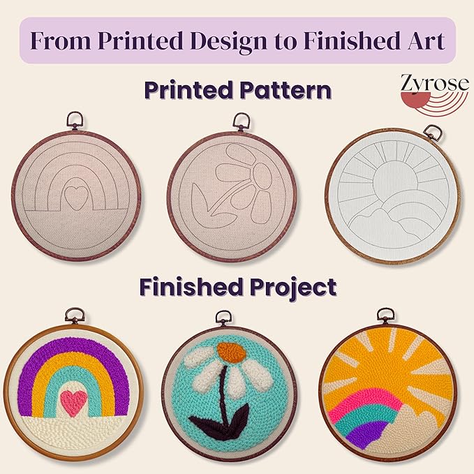 Zyrose Punch Needle Kit for Beginners & Adults, Printed Fabric, 8" Non-Slip Hoop, 3 Interchangeable Needles, Premium Merino Yarn – Complete Starter Set – Joyful Days
