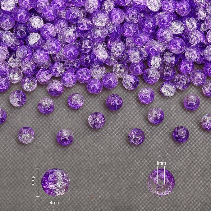 400PCs 4mm Purple Crackle Glass Beads Bulk, Round Smooth Hole Glass Crystal Beads for Jewelry Making, DIY Bracelets, Necklaces, Bag Charms, Keychains and Craft Projects
