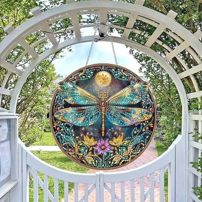 Wergund 5D DIY Dragonfly Diamond Art Hanging Kits, Hanging Diamond Art Animal, Acrylic Special Shaped Rhinestone, Window Hanging Pendants for Home Wall Garden Front Door Outdoor Decor Gift(Dragonfly)