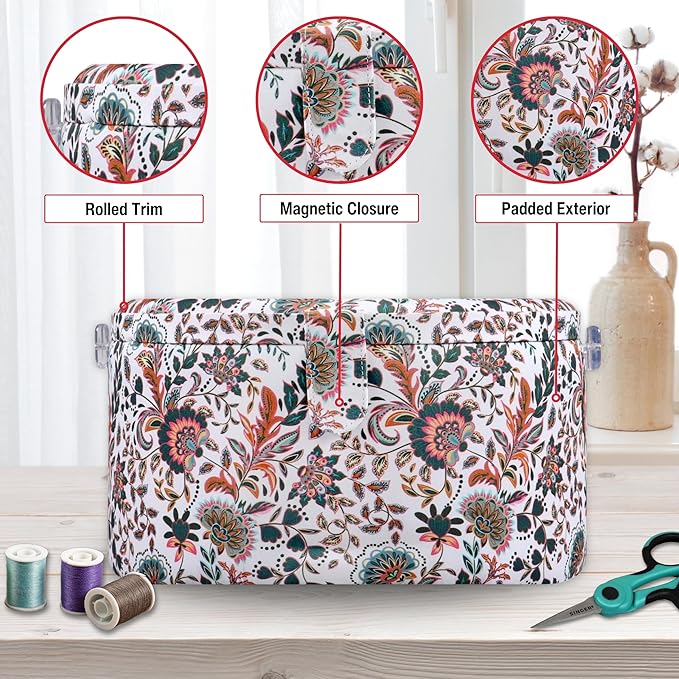 SINGER Premium Round Large Sewing Basket with Matching Zipper Pouch | 30% More Storage Volume (Floral Paisley Print)
