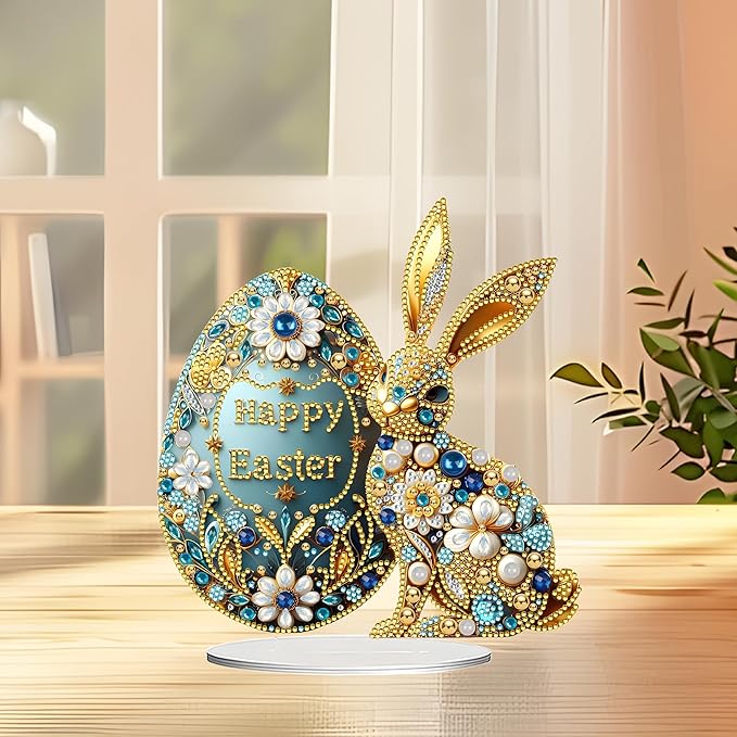 JJFox DIY Tabletop Diamond Art Painting Kit，Desktop Ornament Special Shaped Rhinestone Desk Placement Ornament，Home Stand Up Gem Painting Craft Kit Gift Double Sided (Easter Bunny)