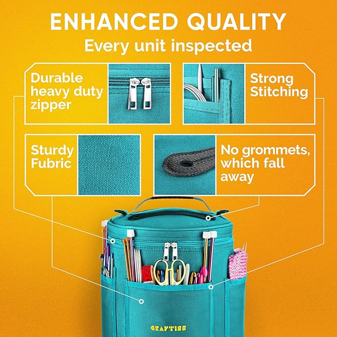 CRAFTISS Knitting Bag Yarn Storage - Gift for Crocheters - Durable Canvas Yarn Holder for Crochet Accessories - Organizer Crochet Bag with Knitting Accessories Case (Turquoise)