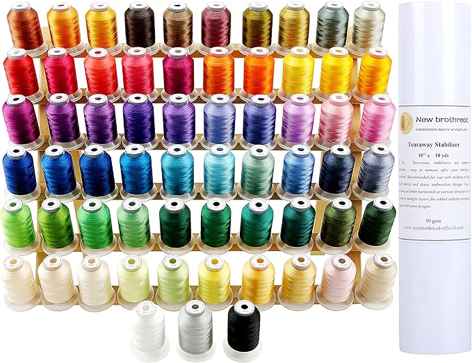 New brothread 63 Colors Compatible with Brother Polyester Embroidery Machine Thread with Bonus of 10" x10yd Medium Weight Tearaway Embroidery Stabilizer