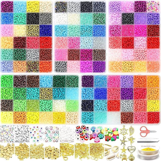 14400pcs Glass Seed Beads for Jewelry Making Kit, 120 Colors 4mm Small Beads Kit Bracelet Beads with Letter Evil Eye Beads Jump Rings & Charms Pendants for Bracelets Making, DIY, Adult Craft Supplies