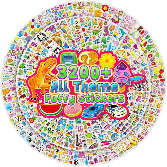 3200+ stickers for kids, 3d puffy sticker, 64 different sheets, cute animals stickers for boys girls teachers, classroom reward, craft scrapbooking, party gift
