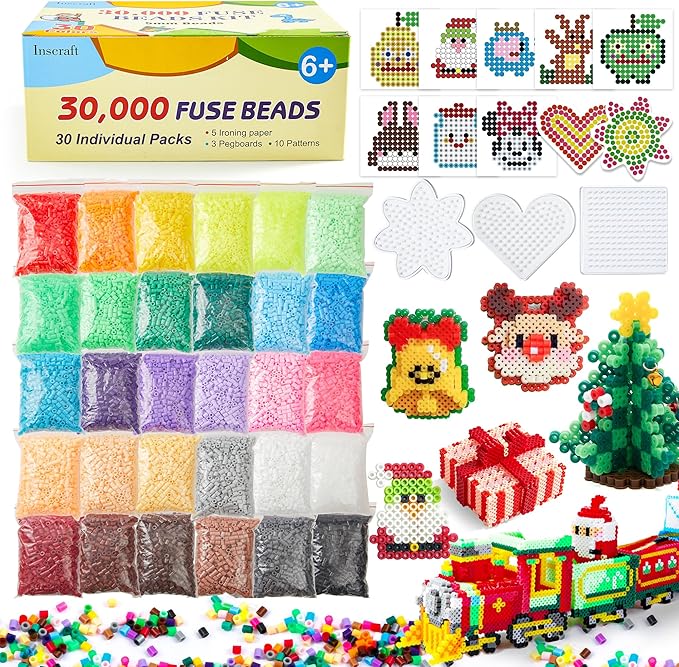 inscraft 30,000 fuse beads kit-30 individual packs of iron beads set with 3 pegboards, 5 ironing paper, 10 patterns, gifts for birthday christmas, multicolor 5mm melty beads bulk refill kit