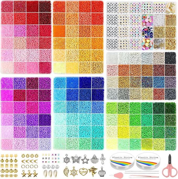 Redtwo 3mm 45000pcs Glass Seed Beads Kit, 7 Boxes 144 Colors Small Beads for Bracelets, Friendship Bracelet Kit with Charms and Letters