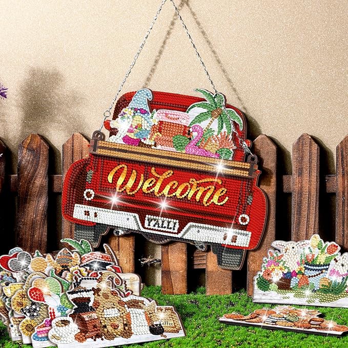 Burbell 21 Pcs Interchangeable Diamond Painting Welcome Sign for Easter Front Door Diamond Painting Truck Decor Interchangeable Seasonal Welcome Sign for DIY Wall Window Farmhouse