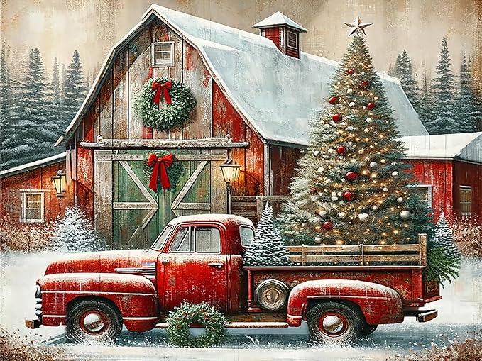 igoodom Diamond Art Kits for Adults, Christmas Diamond Painting Kit, Full Drill Round Christmas Red Truck Diamond Art Kits, DIY Gem Art and Crafts for Home Wall Decor Gift 16x12inch